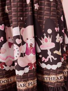 ROMWE Kawaii Retro Chocolate Heart Cookie, Teddy Bear, Bow, Cake, High Heel, Crown Tea Party Print Midi A-Line Skirt - Multicolor - View 6