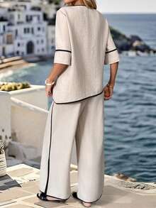SHEIN Holidaya Conjunto de 2 piezas de mujer elegante y casual para vacaciones, con diseño de patchwork y contraste de colores - Albaricoque - Ver 2