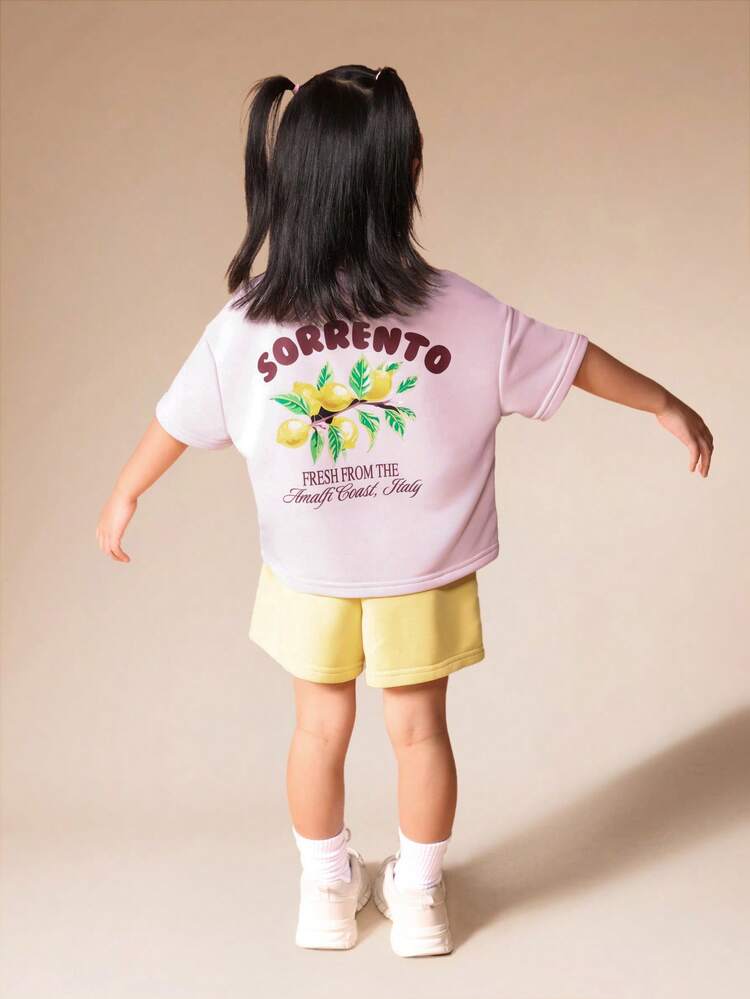 Lavender Tee And Yellow Shorts Set With Lemon Print