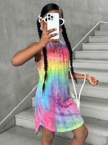 SHEIN 少女休闲街头风扎染印花圆领前短后长无袖连衣裙 - 彩色 - 查看 5