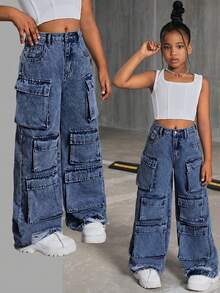 SHEIN Tween Girls' Y2K Trending Stonewashed Multi-Pocket Distressed Cargo Jeans Baggy Wide Leg Pants,Tween Girl Fall Clothes Back To School Outfits - Dark Wash - View 1