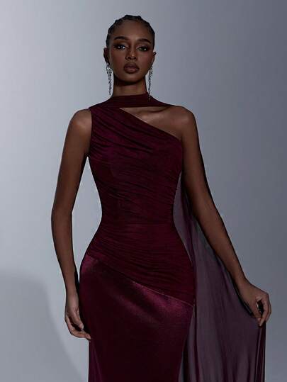 Elitara Elegant Burgundy High-Elastic Knit Mesh Off-Shoulder Neckline (Versatile Halter Neck With Flowing Details), Slimming Pleats At The Front, Irregular Waistline, And Fishtail Train. Suitable For All Formal Occasions, Including Dates, Weddings, Parties, Luxury Evening Gowns, Wedding Guests, Bachelorette Parties, New Year's Outfits, Dates, Back-To-School Dresses, And Bridesmaid Dresses.