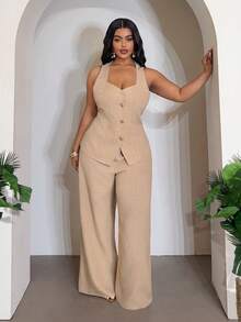 Veslaya 2026春夏新款大码女装，适合音乐节、复活节、西部风、游牧风格等场合，例如生日派对、毕业典礼、海滩度假、日光浴等。套装包含一件无袖立领上衣（带金属扣细节）和一条阔腿裤。此款女装套装包含休闲两件套、居家办公服、工作服等，适合各种场合。 - 卡其色 - 查看 5