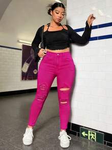 SHEIN ICON Plus Size Plain Simple Distressed Denim Jeans - Hot Pink - View 3