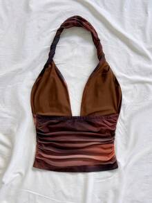 Soleia Áo nữ kiểu dáng cổ yếm, chất liệu móc len, in họa tiết nhuộm tie-dye cổ điển, thích hợp cho kỳ nghỉ xuân/hè. - Cà phê nâu - Xem 2