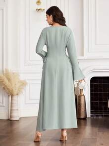 Yasmyna New Embroidered Cinched Waist Elegant Romantic Vacation Party Dress - Olive Green - View 7