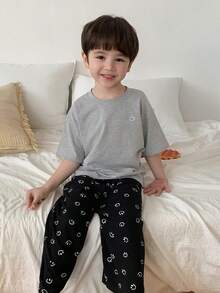 DAZY 男童宽松落肩T恤和印花长裤睡衣套装，春夏秋季款 - 黑色 - 查看 3