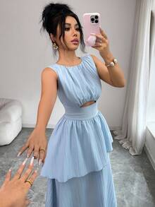 Elenzga New Women Sleeveless Woven Textured Hollow Design Waist A-Line Double Layer Elegant Midi Dress, Versatile - Blue - View 5