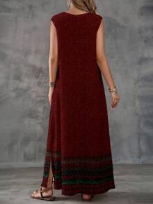 EMERY ROSE Women Boho Folk-Custom Burgundy V Neck Sleeveless Split Long Tunic Dress Bohemian Dresses For Women ,Summer Dress - Burgundy - View 2