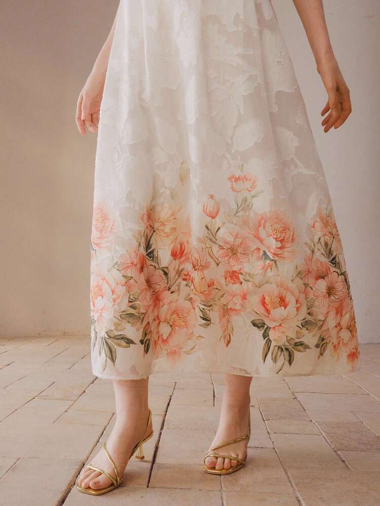 FLORAL PRINT JACQUARD FLOWER APPLIQUE RHINESTONE BELTED SLEEVELESS DRESS