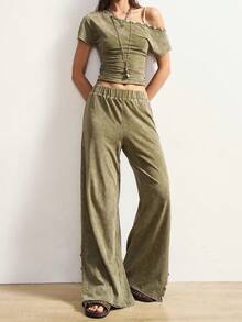 Bohemela 2pcs Women Summer Casual Asymmetrical Shoulder Top And Side Button Wide Leg Pants Set - Green - View 3