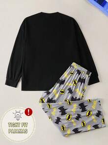 BATMAN X SHEIN Plus Size Men's Comfortable Bat Print Long Sleeve Top And Pants Pajama Set, Autumn - Black - View 2