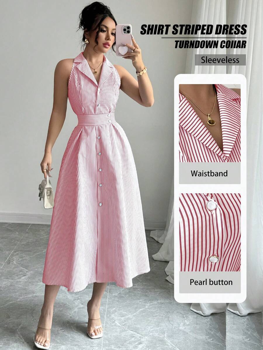 Elenzga 女士优雅休闲通勤条纹连衣裙 - 紅白色 - 查看 1