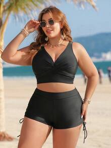 Swim Lushoire Bộ tankini màu trơn dành cho nữ cỡ lớn, gồm quần cạp cao buộc dây phía trước. - màu đen - Xem 4