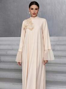 Al Najma Vestido elegante estilo árabe con mangas abullonadas y adorno floral para mujer, vestidos árabes, modestos - Albaricoque - Ver 8