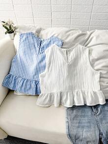 少女圆领系带荷叶边下摆无袖上衣 - 藍白色 - 查看 2