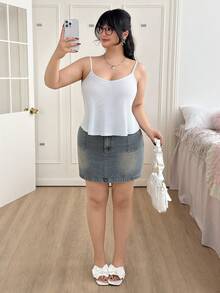 CovetEZ 大码女式夏季休闲日常通勤简约纯色纹理面料吊带背心 - 藍白色 - 查看 3