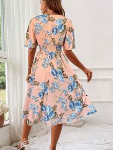 Breezaya Đầm tay ngắn xếp ly in hoa, kiểu dáng thường ngày. - Hồng - Xem 2