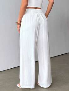 Almamuse 女士休闲度假通勤简约百搭白色打结松紧腰宽松阔腿裤 - 白色 - 查看 2
