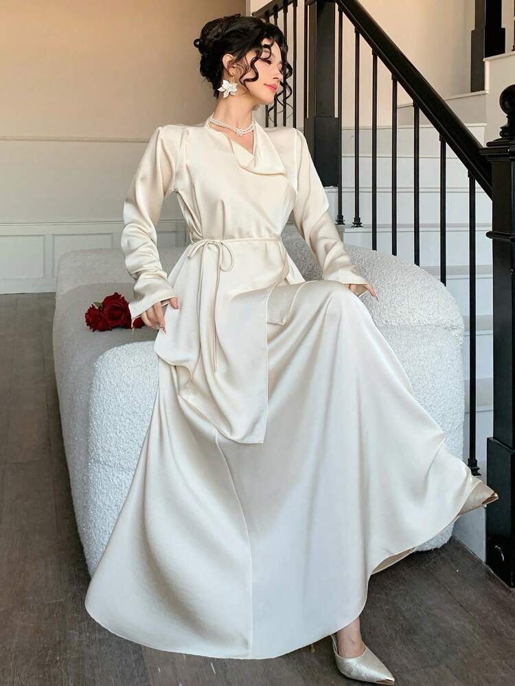 Women's Satin Wrap Draped Neck Cinched Waist Top And Spaghetti Strap Maxi Dress Elegant 2-Piece Set