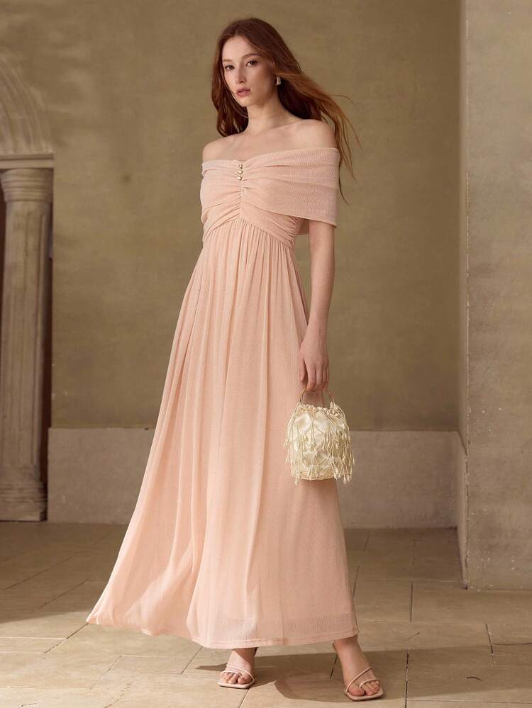 WOMEN'S OFF-SHOULDER RUCHED LONG DRESS, SPRING/SUMMER