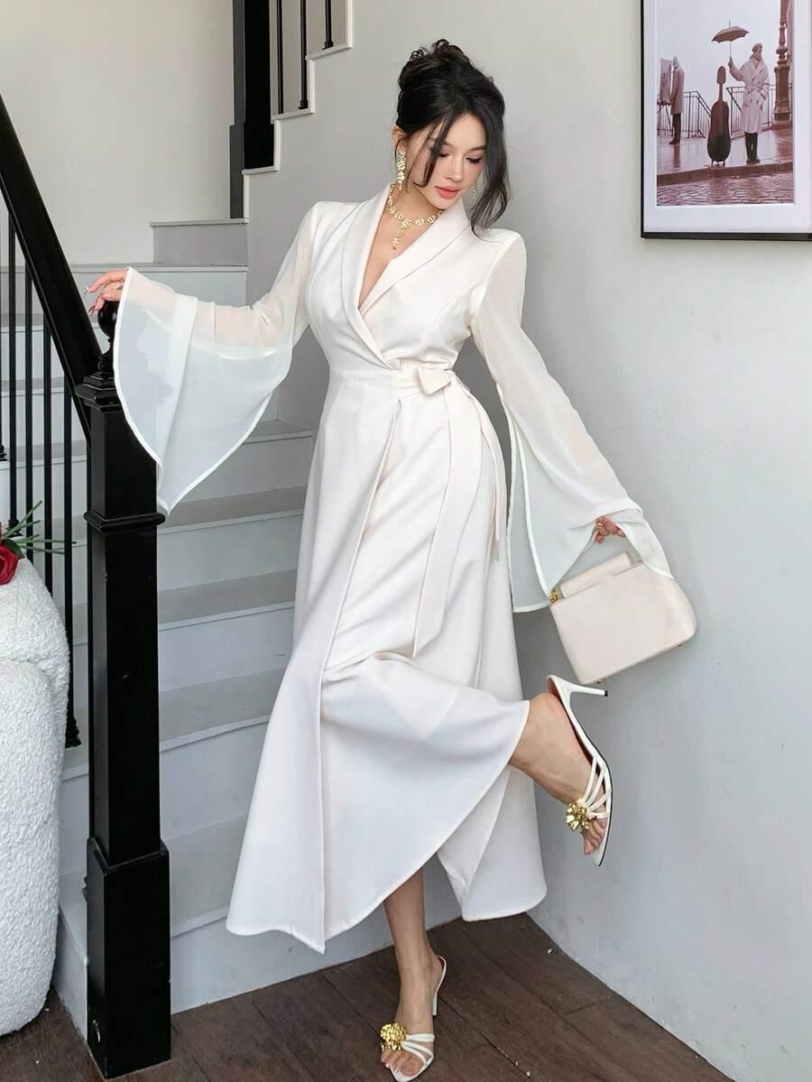 DAZY Women's Lapel Side Tie Waist Elegant Long Suit Dress, Casual & Chic - Apricot - View 1