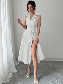 Elenzga 女士优雅休闲通勤条纹连衣裙 - 黑與白 - 查看 5