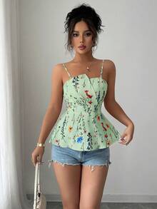 Selianne Áo hai dây croptop in hoa, vạt áo bất đối xứng, thích hợp cho nữ, mùa xuân/hè. - Màu xanh Bạc hà - Xem 4