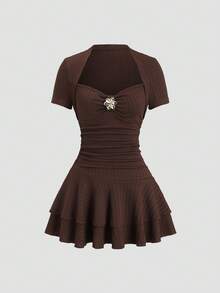 Sweetra French Retro Commuter Pleated Bust Short Sleeve Cake Mini Skirt Sexy Cinched Waist A-Line Vacation Dress For Women, Spring/Summer/Autumn - Coffee - View 1