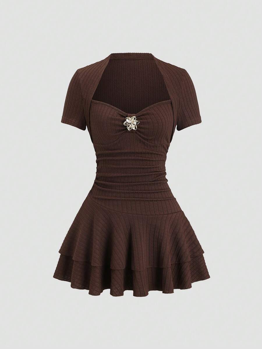 Sweetra French Retro Commuter Pleated Bust Short Sleeve Cake Mini Skirt Sexy Cinched Waist A-Line Vacation Dress For Women, Spring/Summer/Autumn - Coffee - View 1