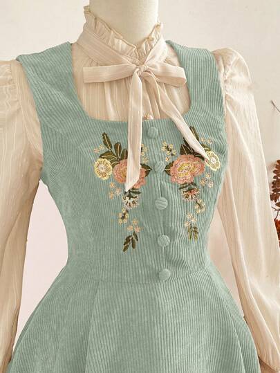 Vintamour Robe élégante vintage pour femme avec poches, broderie florale en velours côtelé, boutons, vêtements de vacances décontractés pour l'automne. Tenues d'automne pour femmes, robes d'hiver pour femmes, vêtements d'hiver pour femmes, vêtements de Noël pour femmes, robe de Noël, robe marron, robes élégantes pour femmes, robe élégante pour femme