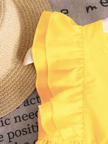 Genkimix Kids 2pcs/Set Toddler Girls Cute Casual Ruffle Sleeveless Blouse And Fashion Studded Denim Pants Outfit Tween Girls - Yellow - View 3