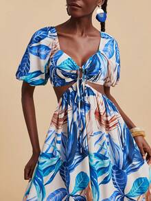Travachic Women's Blue Tropical Print Sweetheart Neck Ruched Boho A Line Maxi Dress With Puff Short Sleeves - Blue - View 5