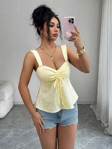 Selianne Women's Pale Yellow Summer Elegant Textured Jacquard Tank Top,Cute Babydoll Blouse,Patterned Sleeveless Shirt For Brunch,Fashionable Crew Neck - Yellow - View 3
