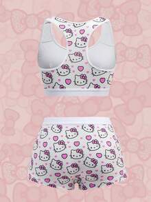 HELLO KITTY AND FRIENDS | SHEIN 女士可爱卡通爱心印花撞色字母滚边文胸内裤套装 - 粉色 - 查看 2