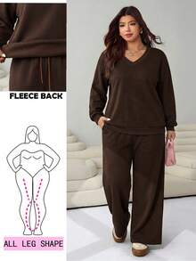 Solflare Conjunto informal de 2 piezas de mujer talla grande con top de manga larga y cuello en V sólido y pantalones de pierna ancha - Marrón Chocolate - Ver 1
