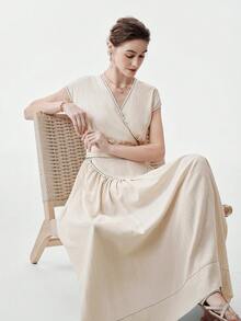 SHEIN Stylify 女士人字纹竹节结V领落肩袖收腰A字型撞色缝线优雅法式浪漫复古通勤商务海滩度假休闲时尚经典中长连衣裙，适合婚礼、情人节、下午茶、派对、春夏新品 - 杏色 - 查看 7