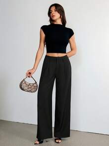 SHEIN Tall 女士商务休闲裤 女士西式服装 女士阔腿裤 女士办公室服装 宽松裤 专业女士服装 办公室着装 灰色 - 黑色 - 查看 5