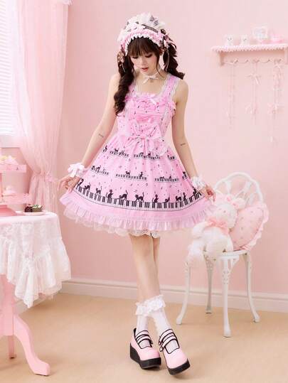 ROMWE Kawaii 女士可爱洛丽塔钢琴猫印花蕾丝荷叶边蝴蝶结装饰泡泡裙