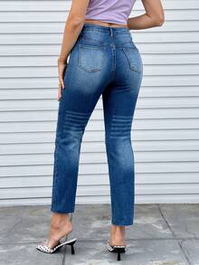 EMERY ROSE 女士休闲日常做旧斜插口袋牛仔裤 - 藍色 - 查看 9