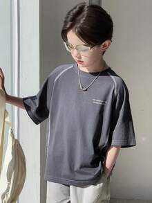 青少年男童标语印花圆领插肩短袖休闲宽松T恤 夏季 - 灰色 - 查看 2