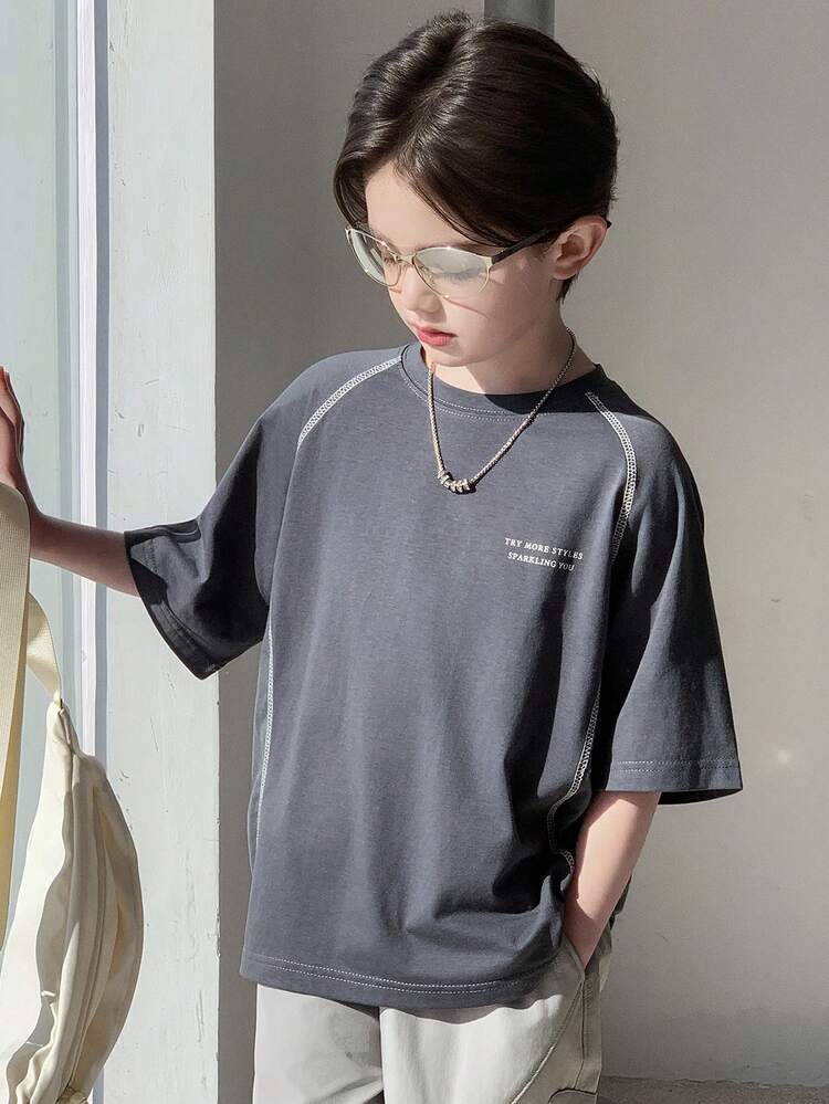 Tween Boy Slogan Print Round Neck Raglan Short Sleeve Casual Loose T-Shirt Summer