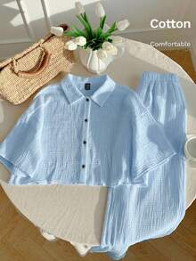 Comfortcana 女士蓝色亚麻衬衫长裤套装，春夏款 - 藍色 - 查看 4