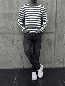 Manfinity VCAY Men's Casual Commuter Striped Print Crew Neck Long Sleeve T-Shirt Men Stripe T Shirt Long Sleeve Striped Shirt Men Black And White Shirt Long Sleeves Men Full Sleeve Tshirt Minoxidil Striped Long Sleeve - Multicolor - View 4