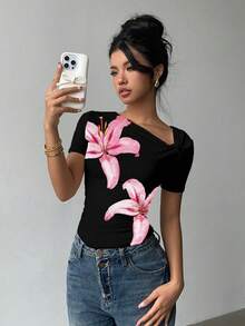 Siren Gaze Áo thun nữ tay ngắn dáng ôm, cổ lệch, nhún bèo, kiểu dáng thường ngày thanh lịch, thích hợp cho mùa hè. - màu đen - Xem 5