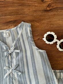 Emery Rose Kids Emery Rose Kids 两件套女童条纹圆领上衣和短裤套装 - 藍白色 - 查看 3