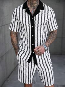 Manfinity RSRT 2pcs Men's Spring/Autumn Comfortable Jacquard Striped Short Sleeve Shirt And Elastic Drawstring Shorts Set, Suitable For Casual, Office, Home, Party, Dating, Business, Driving Or Cycling, Formal Or Informal Occasions, Great For Self-Wear Or Gift To Friends, Classic Best-Selling Outfit, Shanben Series - Black - View 7
