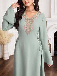 Yasmyna New Embroidered Cinched Waist Elegant Romantic Vacation Party Dress - Olive Green - View 2