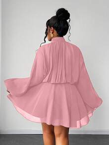 Maweii Plus Size Women's Solid Color Stand Collar Lantern Sleeve Pleated Fashion Dress - Pink - View 4