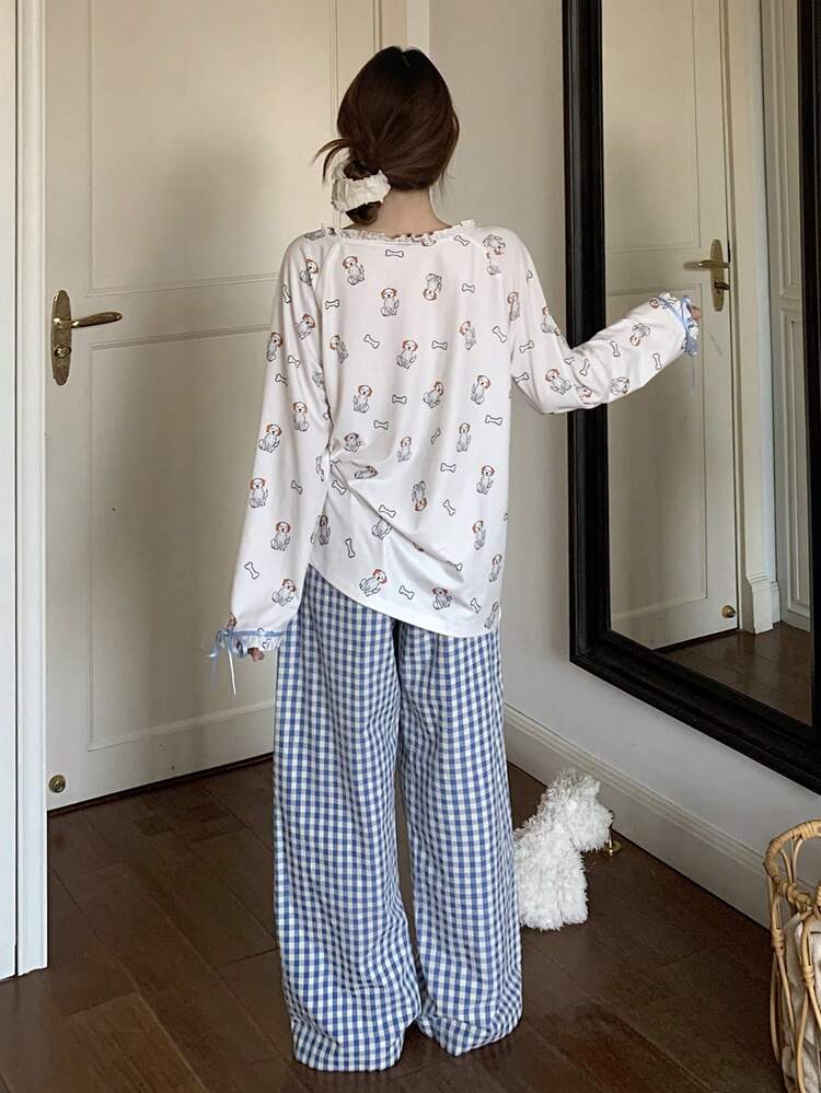 Happy Dog Allover Print Collar Top & Plaid Pajama Pants Women Sleepwear Set